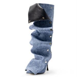 Knee HighPointed Toe Stiletto High Heel Shark Boot Detachable Snap-off Panel 11